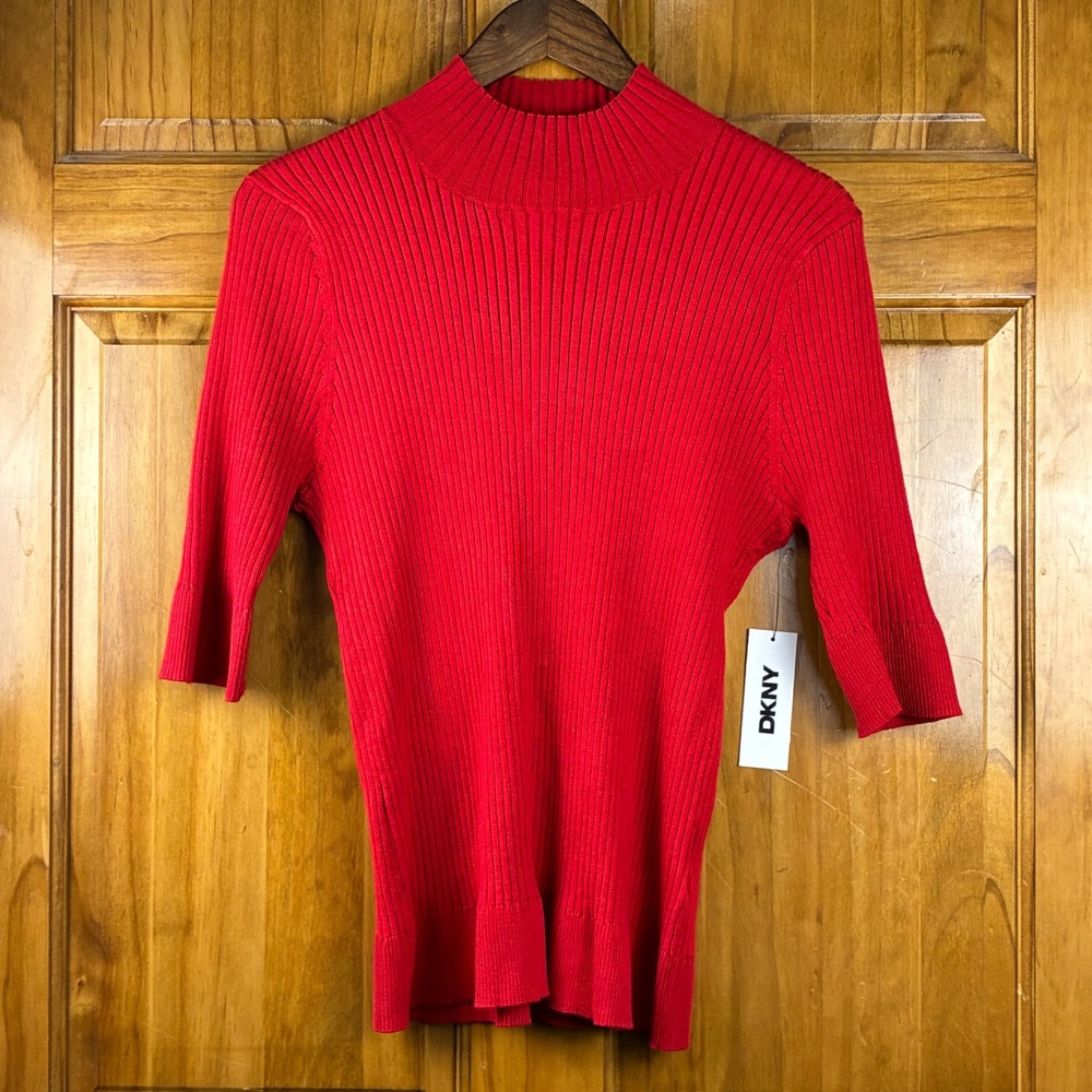 DKNY NWT Womens XL Red Ribbed Mock Neck Sweater Lettuce Trim Office Layering